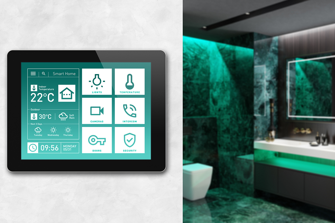 Smart home controls in a luxury bathroom